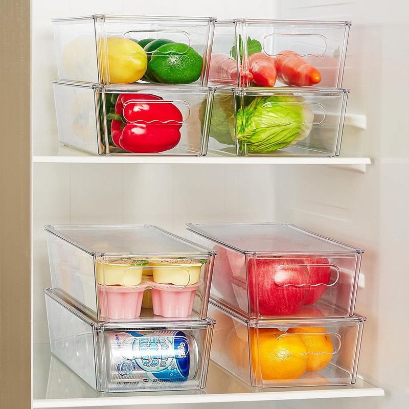8-Pack Stackable Fridge Storage Organiser Bins with Lids, Clear Produce Drinks Container for Refrigerator Pantry Organizing
