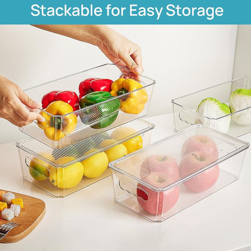 8-Pack Stackable Fridge Storage Organiser Bins with Lids, Clear Produce Drinks Container for Refrigerator Pantry Organizing