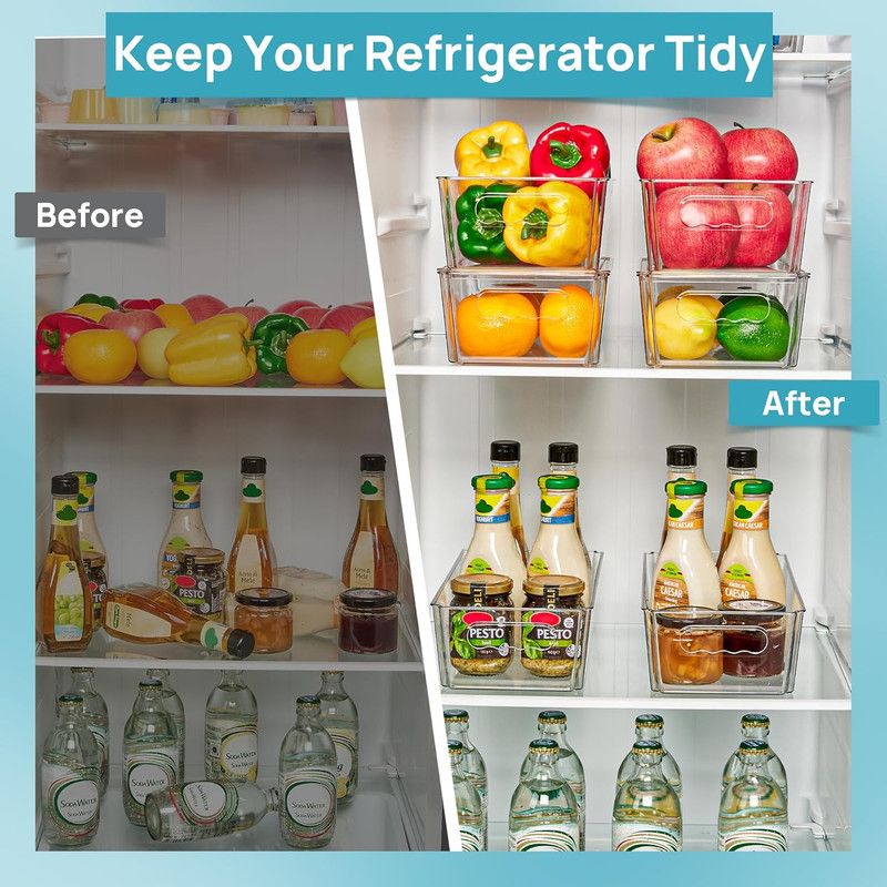 8-Pack Stackable Fridge Storage Organiser Bins with Lids, Clear Produce Drinks Container for Refrigerator Pantry Organizing