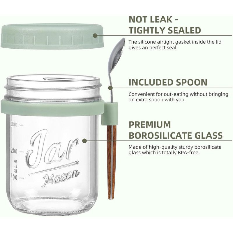 6 Pack Overnight Oats Containers with Lids and Spoons,Large Capacity Airtight Jars for Milk, Cereal, Fruit