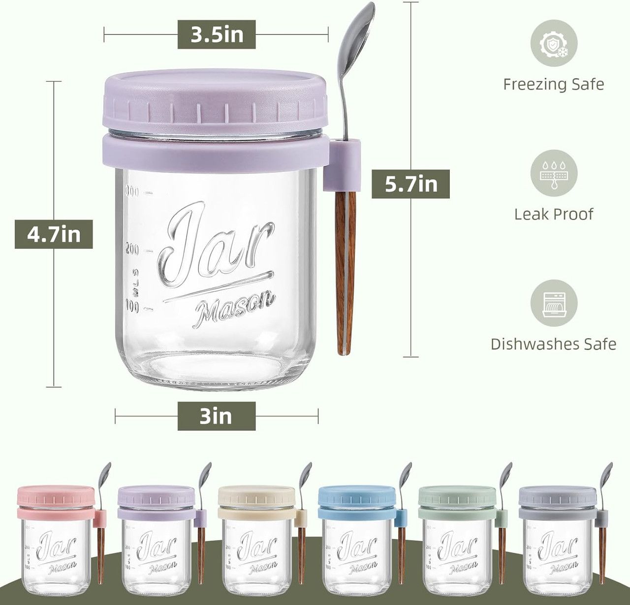 6 Pack Overnight Oats Containers with Lids and Spoons,Large Capacity Airtight Jars for Milk, Cereal, Fruit