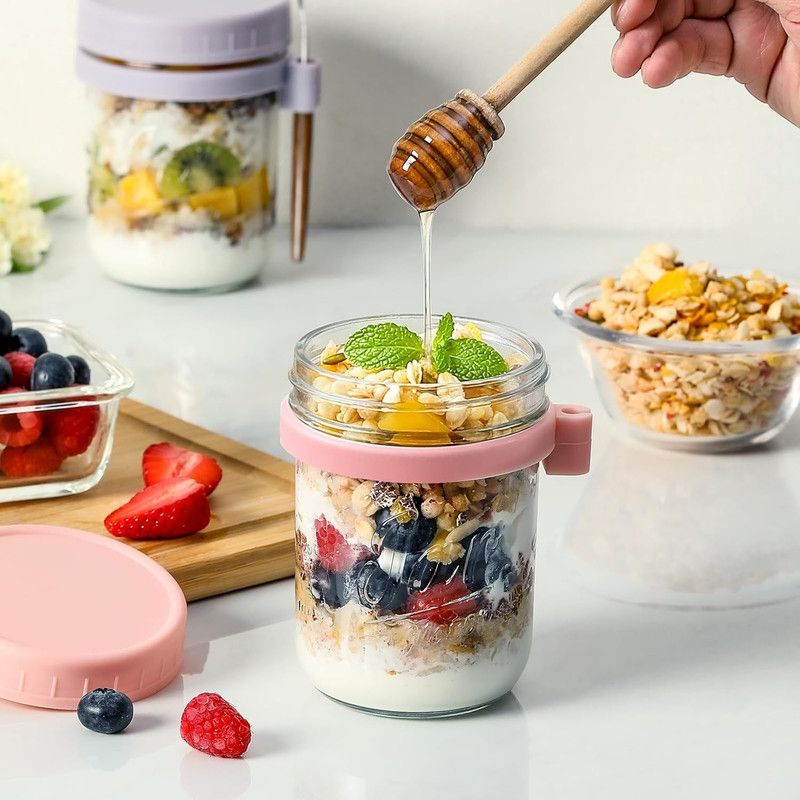 6 Pack Overnight Oats Containers with Lids and Spoons,Large Capacity Airtight Jars for Milk, Cereal, Fruit