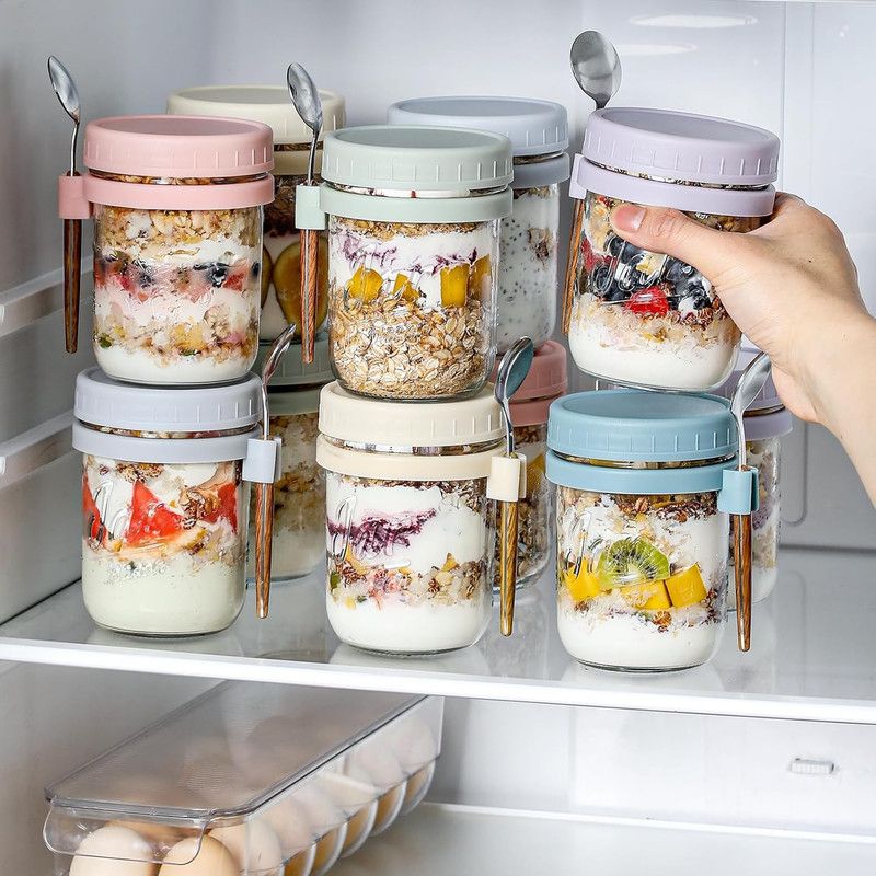 6 Pack Overnight Oats Containers with Lids and Spoons,Large Capacity Airtight Jars for Milk, Cereal, Fruit