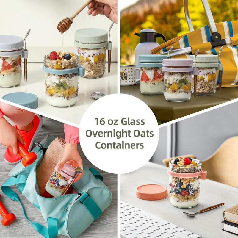 6 Pack Overnight Oats Containers with Lids and Spoons,Large Capacity Airtight Jars for Milk, Cereal, Fruit