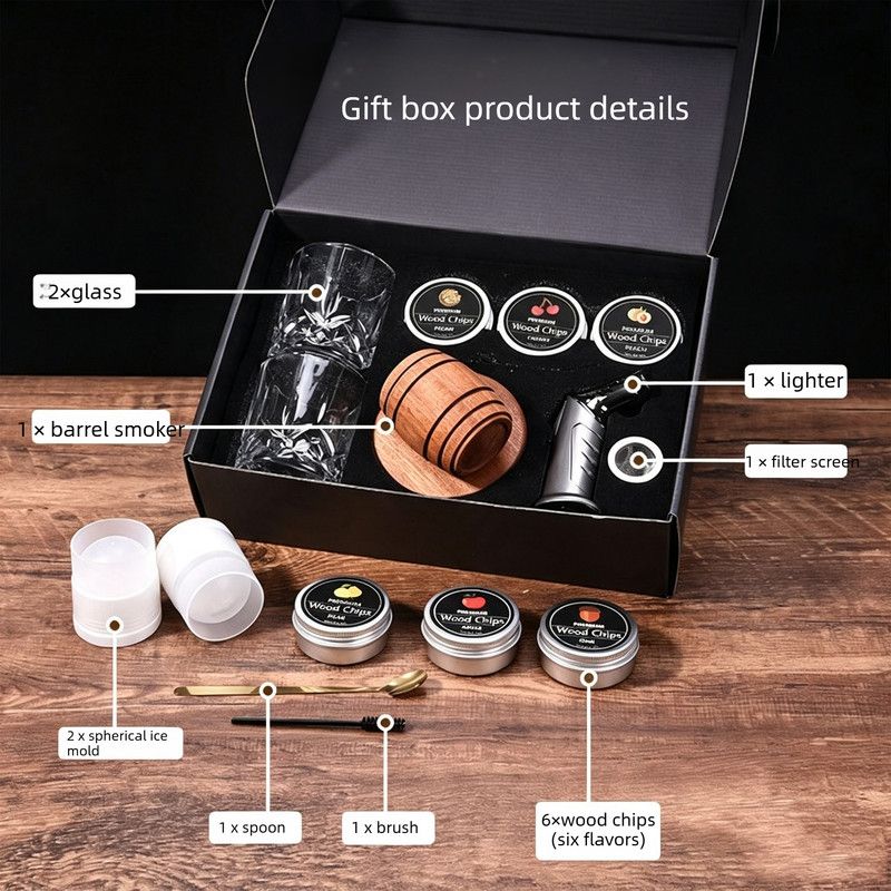 Cocktail Smoker Kit with Wood Chips, Whiskey Drink Smoker Gift Box, Old Fashioned Glasses, Spherical Ice Molds, Complete Home Bar Accessory Set