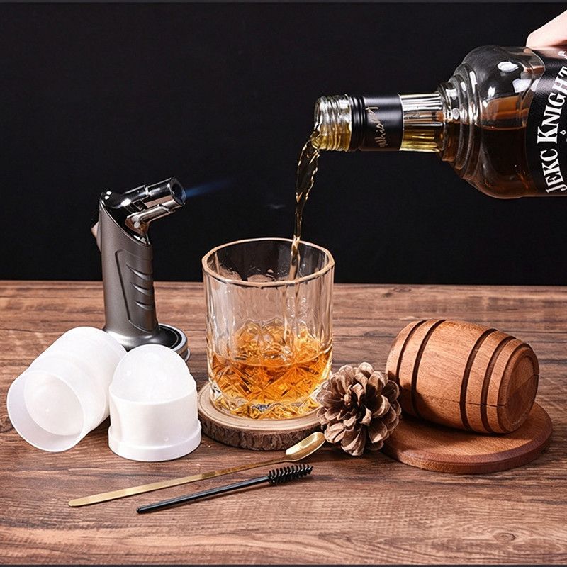 Cocktail Smoker Kit with Wood Chips, Whiskey Drink Smoker Gift Box, Old Fashioned Glasses, Spherical Ice Molds, Complete Home Bar Accessory Set