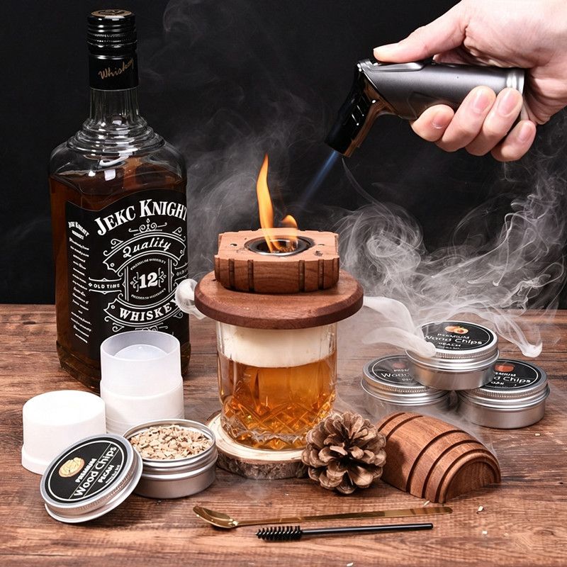 Cocktail Smoker Kit with Wood Chips, Whiskey Drink Smoker Gift Box, Old Fashioned Glasses, Spherical Ice Molds, Complete Home Bar Accessory Set