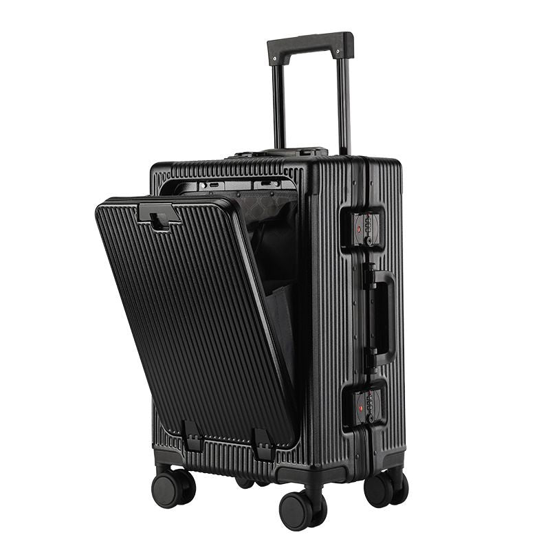 20 Inch Front Opening Carry On Luggage, Aluminium Frame Hard Shell Suitcase with Spinner Wheels, TSA Lock Cabin Travel Case-Black