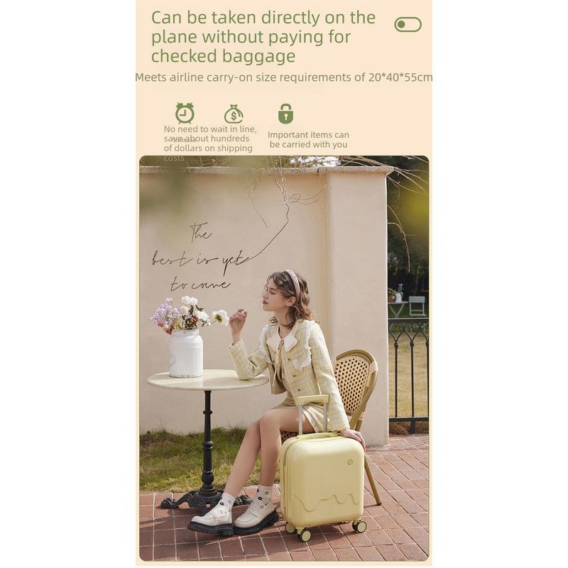 20 Inch Cute Carry On Suitcase, Hard Shell Cabin Luggage with USB Charging Port & Cup Holder, Lightweight Travel Trolley Case-Cream Yellow