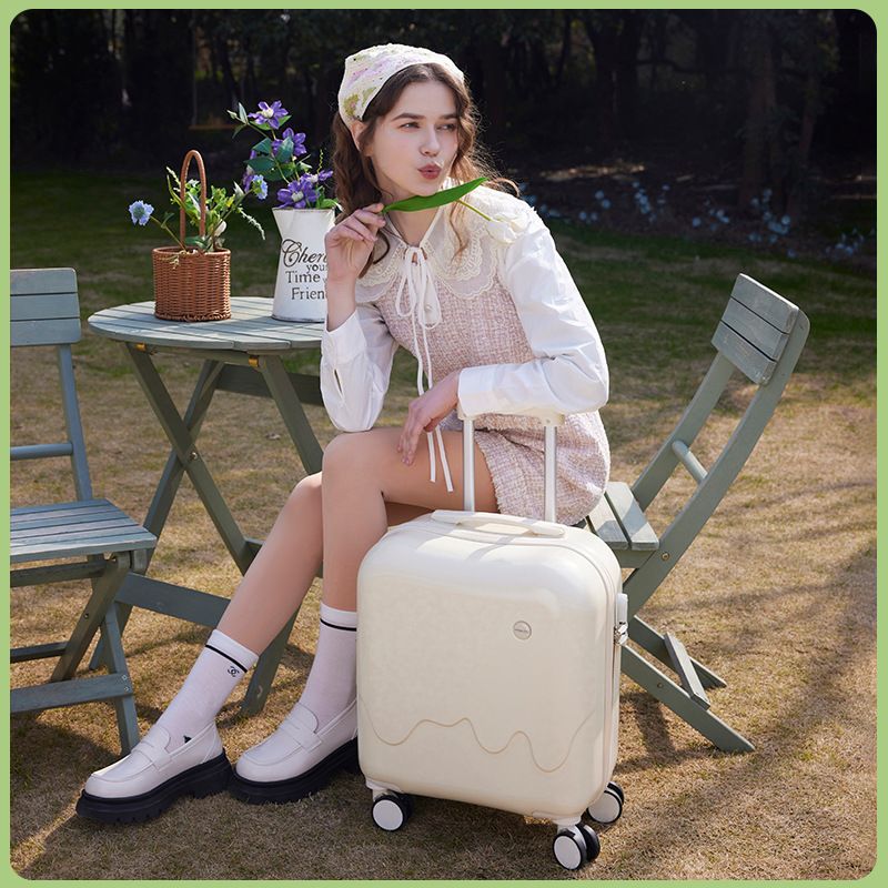 20 Inch Cute Carry On Suitcase, Hard Shell Cabin Luggage with USB Charging Port & Cup Holder, Lightweight Travel Trolley Case-Pearl White