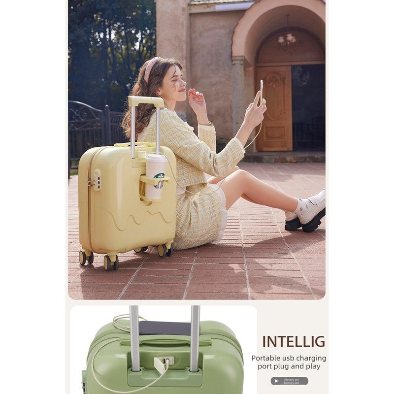 20 Inch Cute Carry On Suitcase, Hard Shell Cabin Luggage with USB Charging Port & Cup Holder, Lightweight Travel Trolley Case- Matcha Green