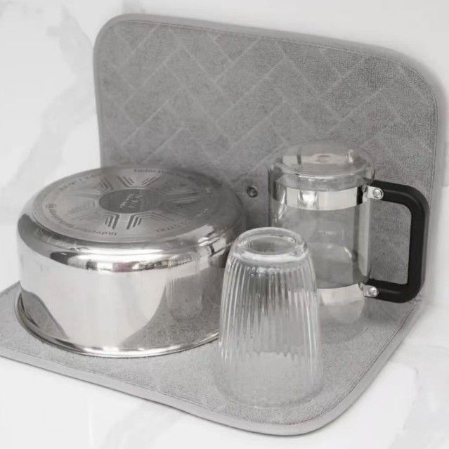 Foldable Dish Drying Mat with Plastic Drain Rack Absorbent Kitchen Counter Drying Pad