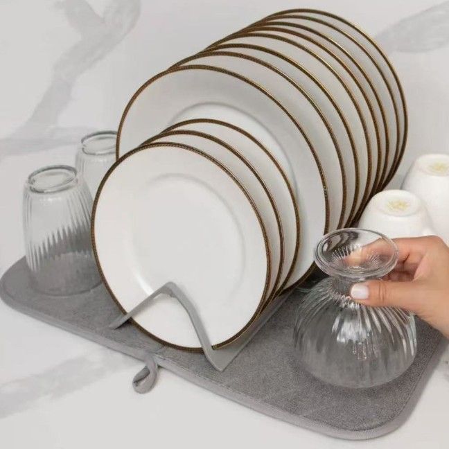 Foldable Dish Drying Mat with Plastic Drain Rack Absorbent Kitchen Counter Drying Pad