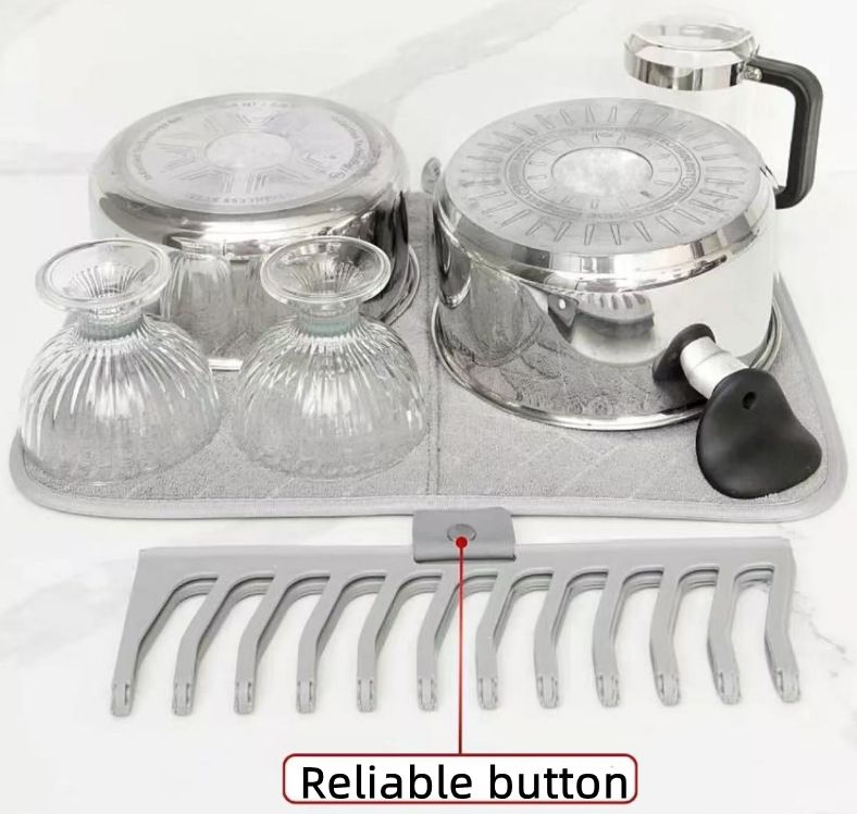 Foldable Dish Drying Mat with Plastic Drain Rack Absorbent Kitchen Counter Drying Pad