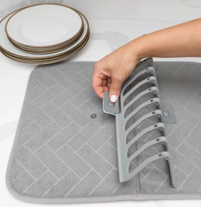 Foldable Dish Drying Mat with Plastic Drain Rack Absorbent Kitchen Counter Drying Pad