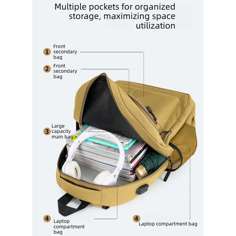 Casual School Backpack with USB Charging Port, Water Resistant Daypack for Uni Students & Daily Commute-khaki