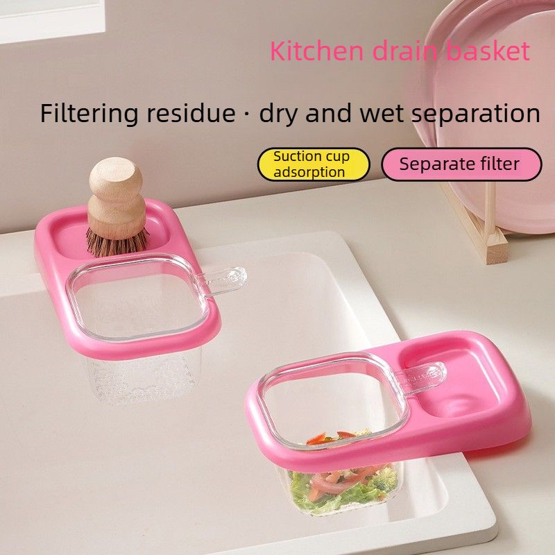 Kitchen Sink Drain Basket with Lid, Multifunctional Food Catcher Waste Filter Container for Countertop-rose