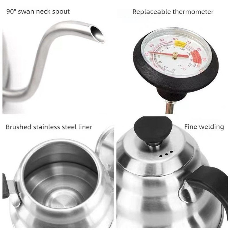 Gooseneck Kettle with Thermometer - 1.2L Pour Over Coffee & Tea Kettle,Stainless Steel Gooseneck Kettle Pot, Precision Pour Drip Spout, Suitable for All-Stoves-Silver