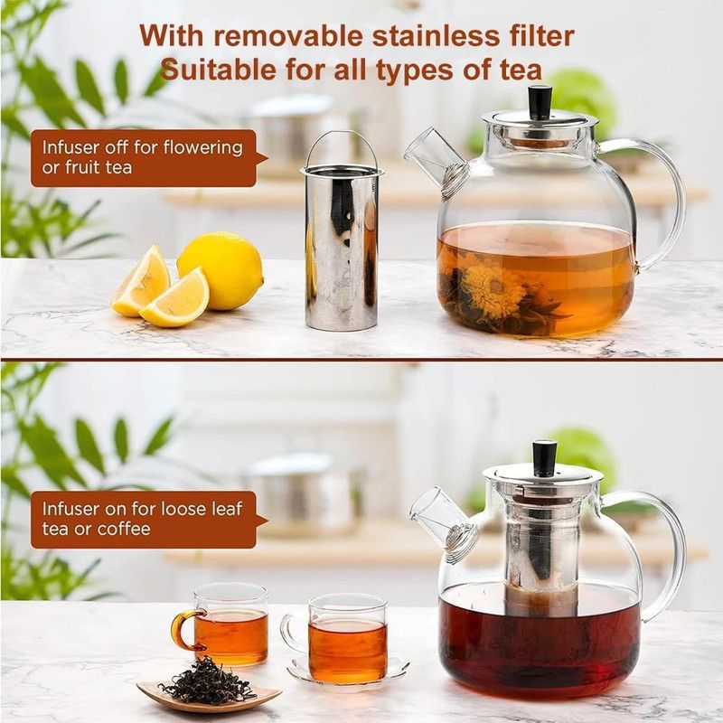 1500ml Glass Teapot with Removable Infuser, Stovetop Safe Large Tea Pot, Blooming and Loose Leaf Hand Crafted Kettle for Women and Adult with Stainless Infuser