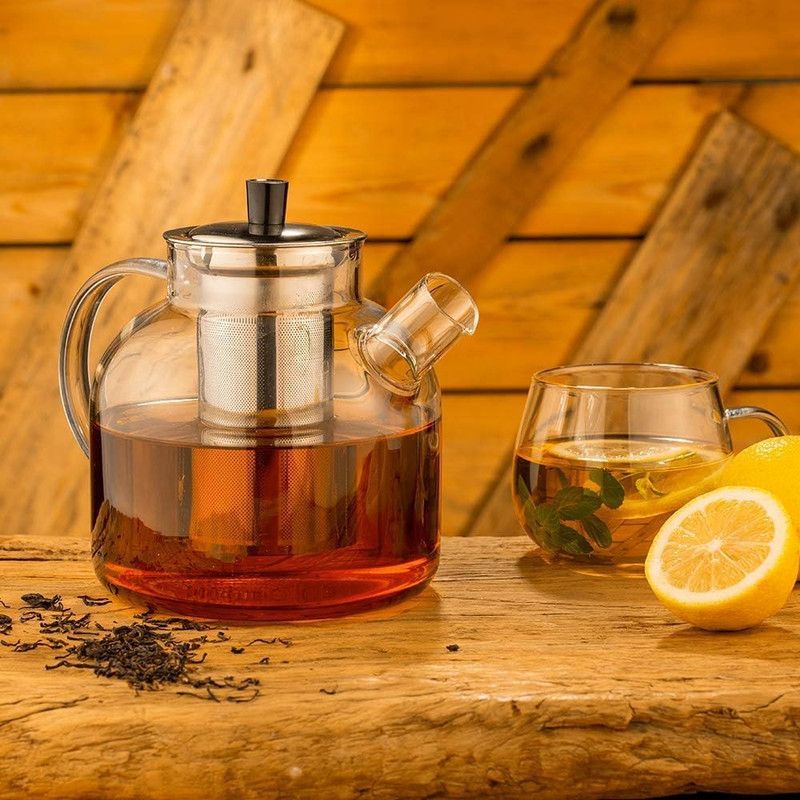 1500ml Glass Teapot with Removable Infuser, Stovetop Safe Large Tea Pot, Blooming and Loose Leaf Hand Crafted Kettle for Women and Adult with Stainless Infuser