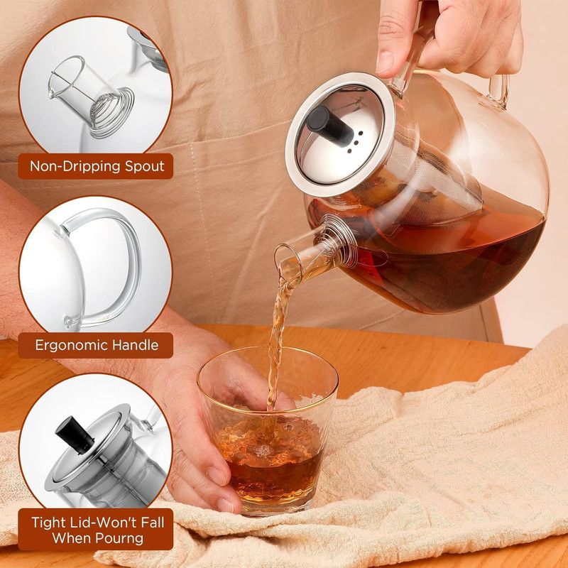 1500ml Glass Teapot with Removable Infuser, Stovetop Safe Large Tea Pot, Blooming and Loose Leaf Hand Crafted Kettle for Women and Adult with Stainless Infuser