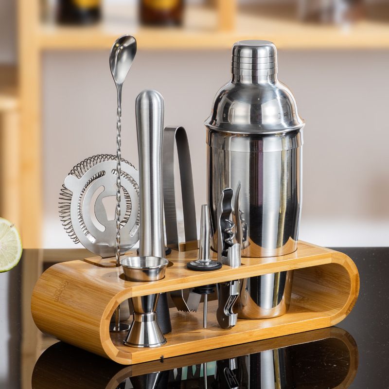 Complete Cocktail Shaker Bar Tool Kit 750ml, Home Bartender Mixology Set with Bamboo Storage Stand for Home Bar