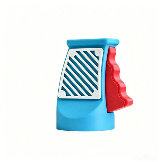 3D printed desktop ornament of a one-handed can opener, for beverages. Light blue