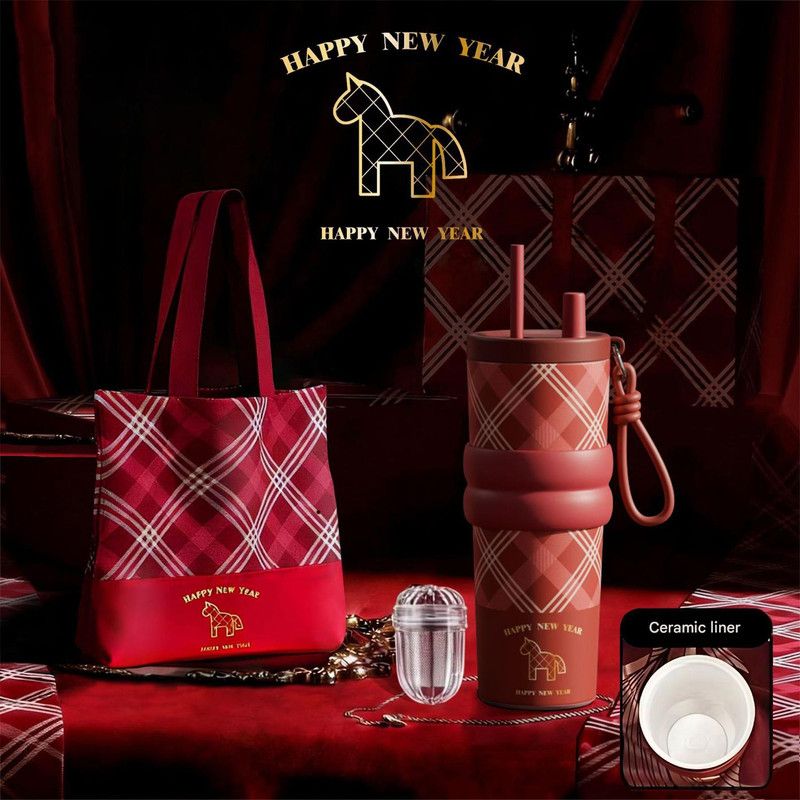 Large Capacity Insulated Cup – Birthday Gift, Ceramic Liner Straw Tumbler – Red