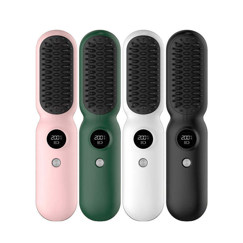 Pink Professional Cordless Hair Straightener Brush - 4-in-1 EMS Scalp Massager & Ionic Straightening Comb - Red & Blue Light Therapy for Hair Growth - Portable USB Rechargeable Hot Comb for Men & Women