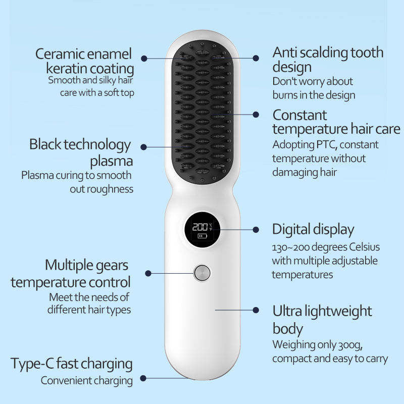 White Professional Cordless Hair Straightener Brush - 4-in-1 EMS Scalp Massager & Ionic Straightening Comb - Red & Blue Light Therapy for Hair Growth - Portable USB Rechargeable Hot Comb for Men & Women