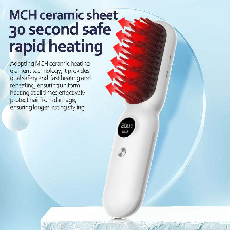Black Professional Cordless Hair Straightener Brush - 4-in-1 EMS Scalp Massager & Ionic Straightening Comb - Red & Blue Light Therapy for Hair Growth - Portable USB Rechargeable Hot Comb for Men & Women