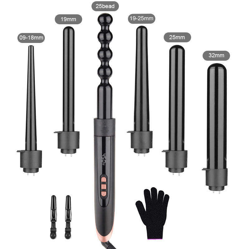 6-in-1 Magic Hair Curler Set | Professional Interchangeable Ceramic Curling Wand with Heat Resistant Glove | Digital Temp Control for Beach Waves & Tight Curls | Fast Heat-up Salon Styler Tool