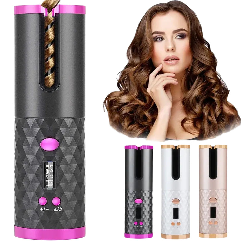 Pink Portable Wireless Auto Hair Curler | Smart Anti-Tangle Curling Wand with 5000mAh Power Bank Function | USB-C Rechargeable Ceramic Hair Roller | Perfect for Quick Salon Curls on the Go