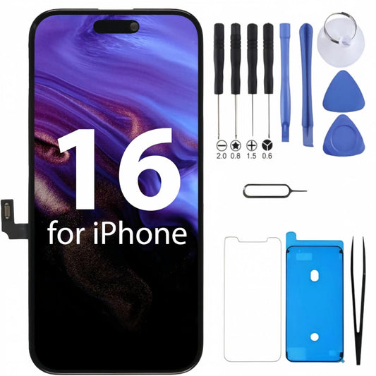 iPhone 16 Screen Replacement, 6.1 Inch Incell LCD Display Touch Screen Digitizer, Comes with Full Repair Tool Kit and Tempered Glass Protector for iPhone 16 A3240 A3241 A3242 A3243