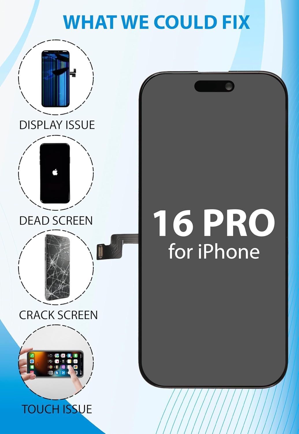 iPhone 16 Pro Screen Replacement, 6.3 Inch Incell LCD Display Touch Screen Digitizer, Comes with Full Repair Tool Kit and Tempered Glass Protector for iPhone 16 Pro A3248 A3249 A3250 A3251