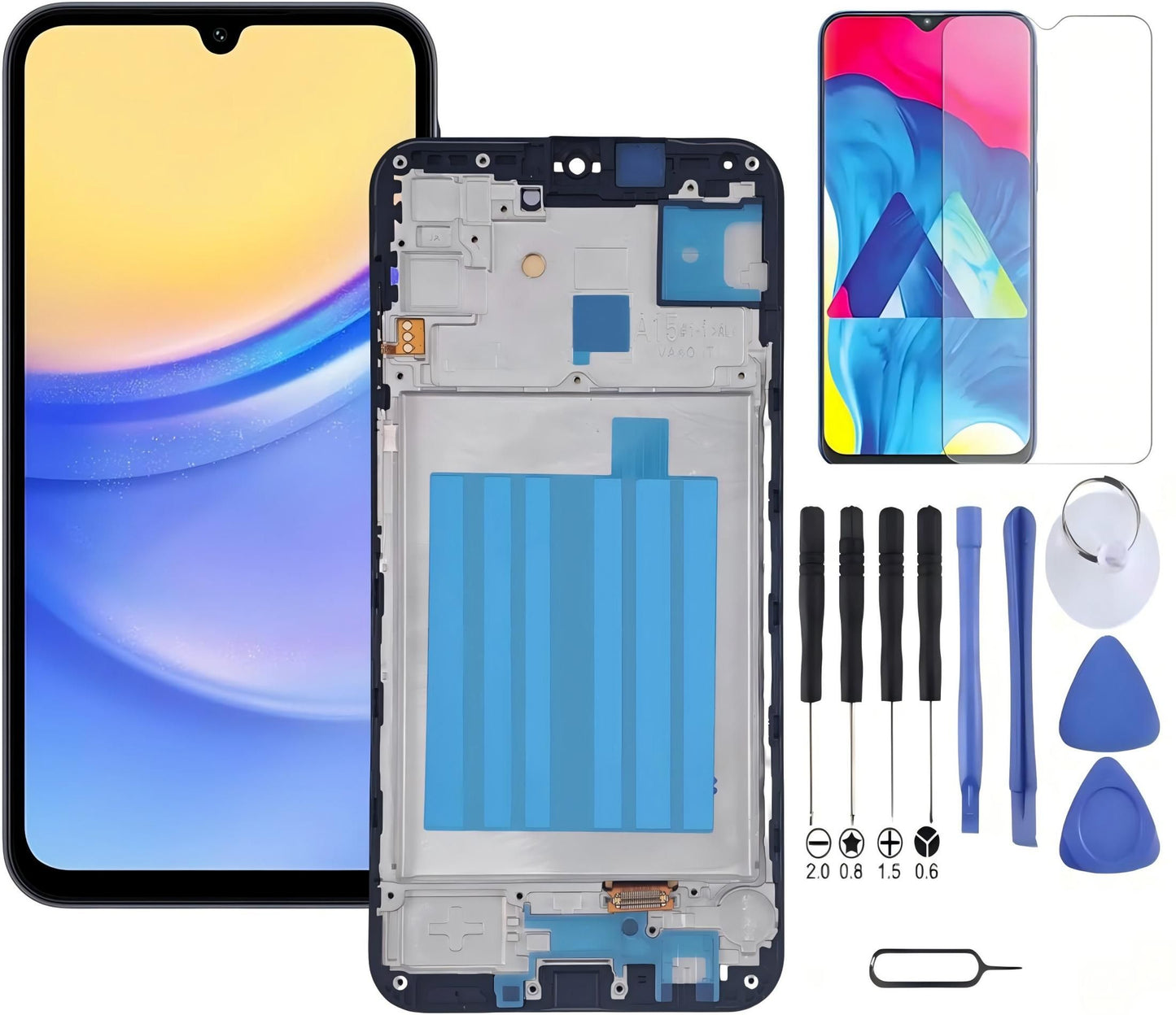 Samsung Galaxy A15 4G Screen Replacement with Frame, 6.4 Inch PLS LCD Touch Digitizer, Full Repair Tool Kit & Tempered Glass Protector for SM-A155F SM-A155M