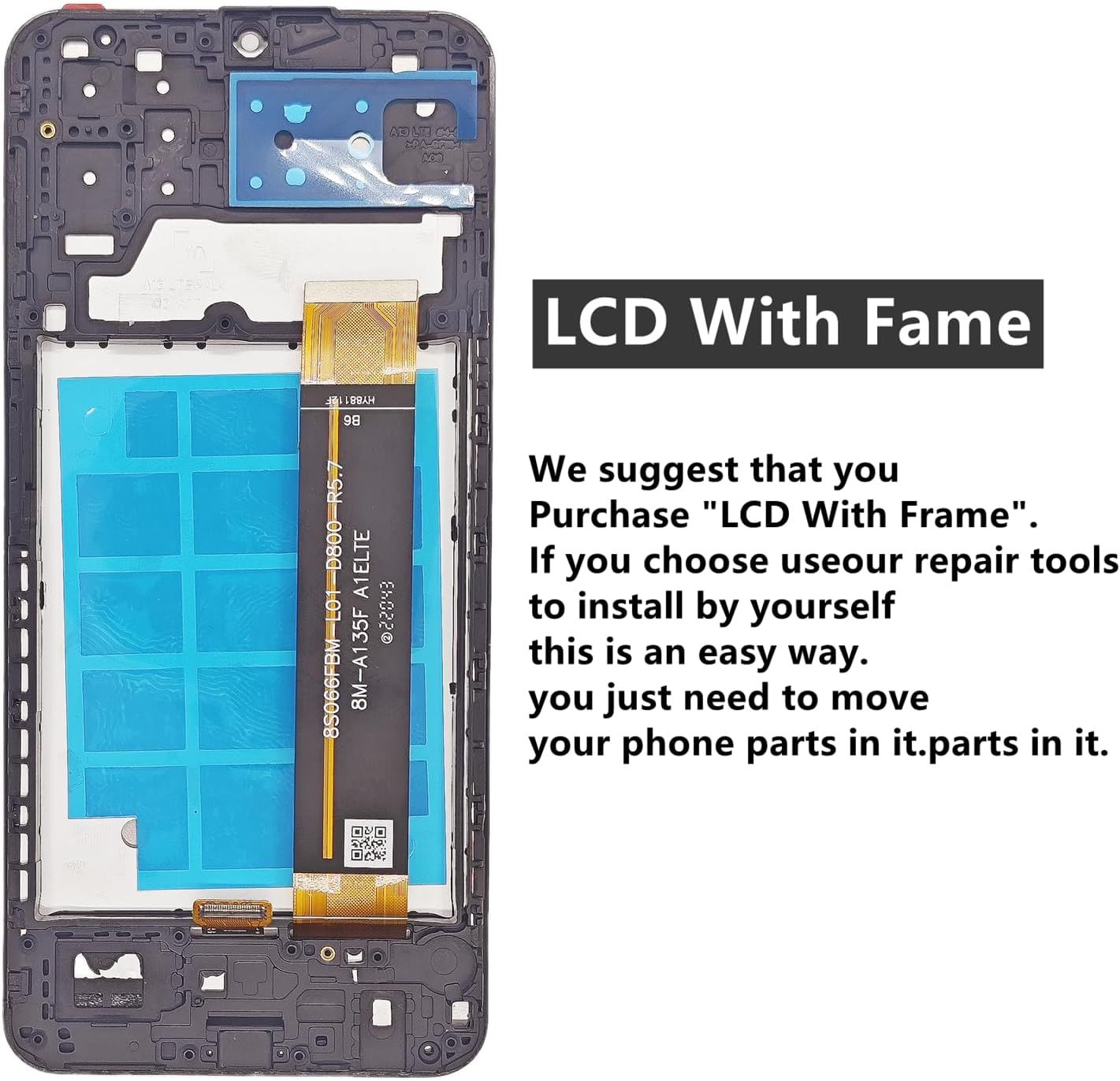 Samsung Galaxy A13 4G Screen Replacement with Frame, 6.6" PLS LCD Touch Digitizer, Full Repair Tool Kit & Tempered Glass Protector for SM‑A135F