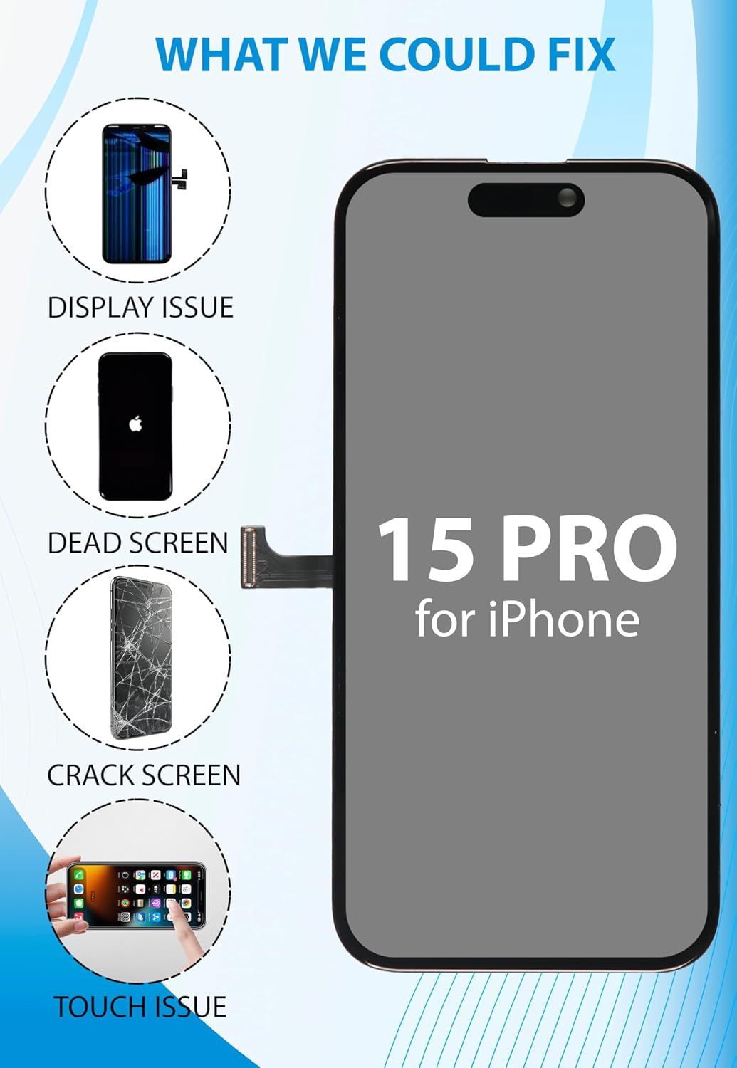 iPhone 15 Pro Screen Replacement, 6.1 Inch Incell LCD Display Touch Screen Digitizer, Comes with Full Repair Tool Kit and Tempered Glass Protector for iPhone 15 Pro A3101 A3102 A3103 A3104