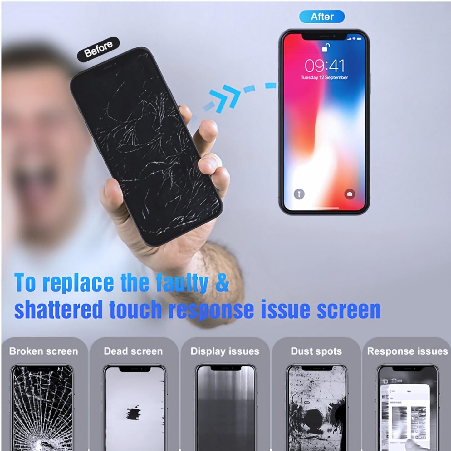 iPhone X Screen Replacement, 5.8 Inch Incell LCD Display Touch Screen Digitizer with Full Repair Tool Kit & Tempered Glass, for iPhone X A1865 A1901 A1902