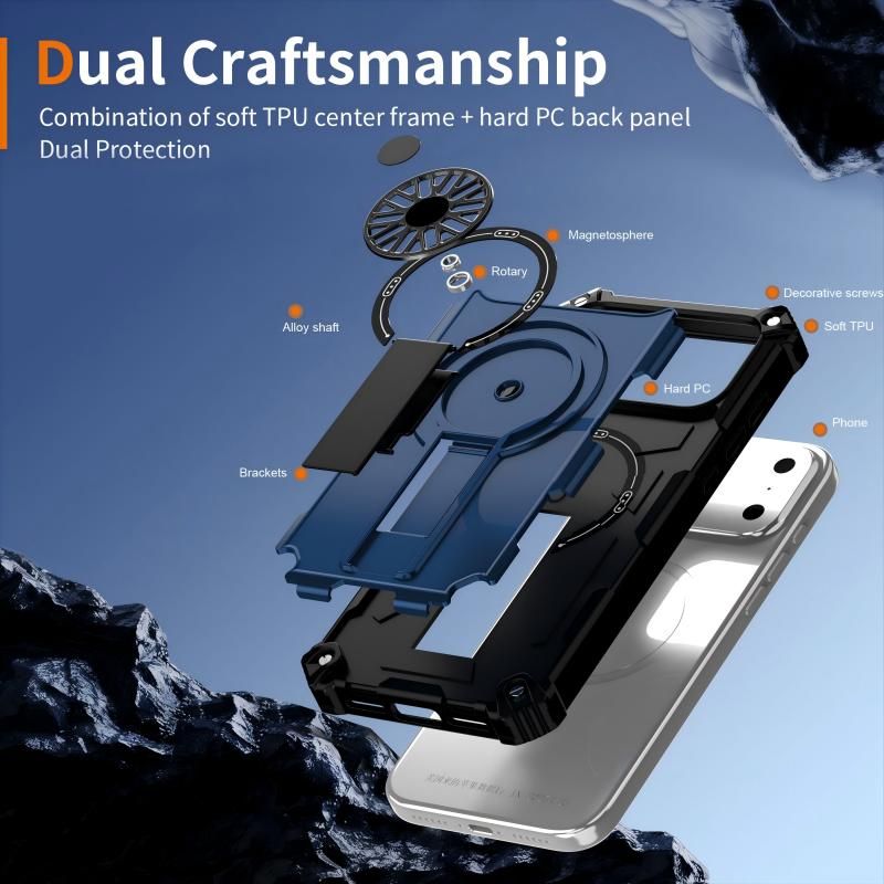 Armor Heavy Duty Magnetic Rotating Ring Kickstand Phone Case For iPhone 14, Anti-Drop Protective Cover In Blue