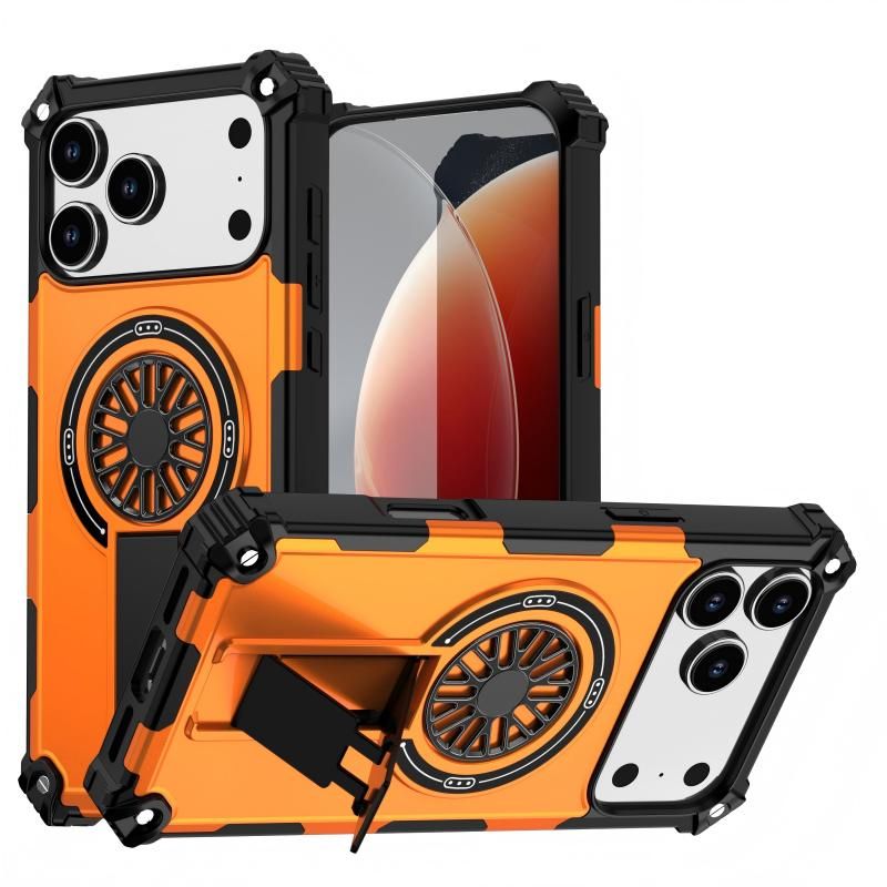 Armor Heavy Duty Magnetic Rotating Ring Kickstand Phone Case For iPhone 14 Pro, Anti-Drop Protective Cover In Orange