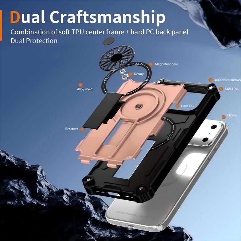 Armor Heavy Duty Magnetic Rotating Ring Kickstand Phone Case For iPhone 14, Anti-Drop Protective Cover In RoseGold