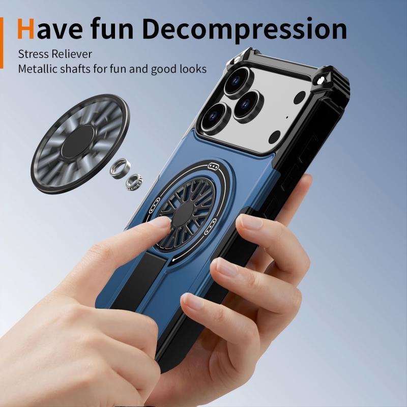 Armor Heavy Duty Magnetic Rotating Ring Kickstand Phone Case For iPhone 17, Anti-Drop Protective Cover In Blue