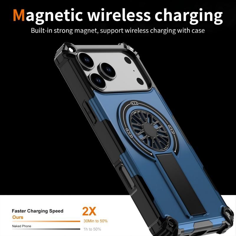 Armor Heavy Duty Magnetic Rotating Ring Kickstand Phone Case For iPhone 16, Anti-Drop Protective Cover In Blue