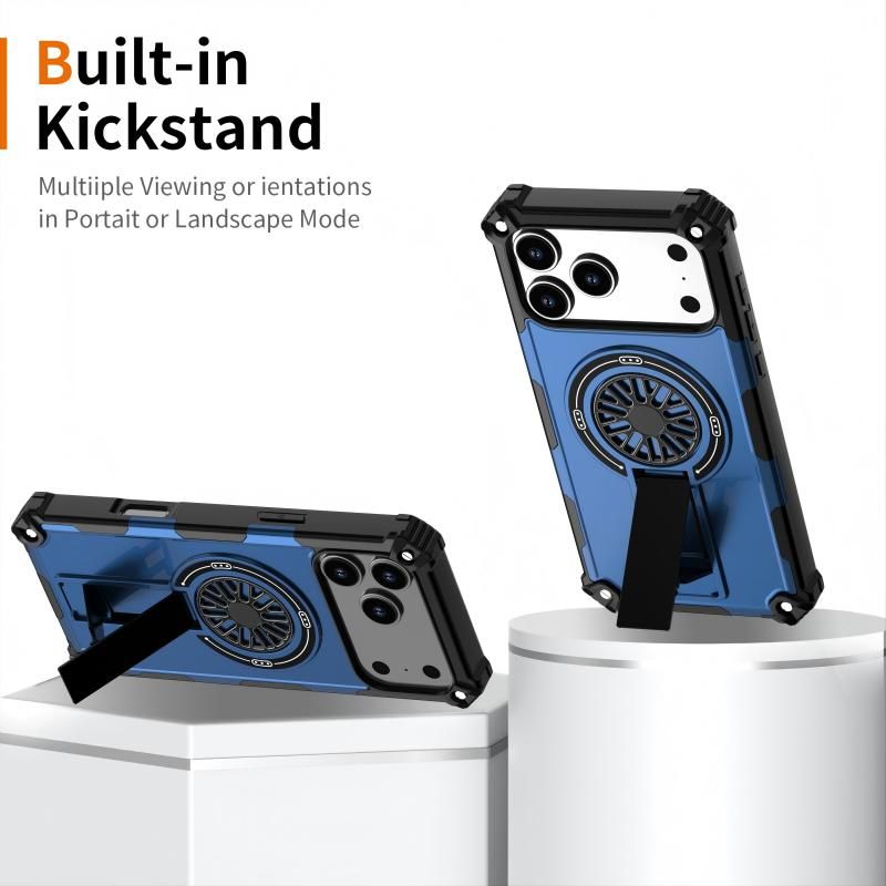 Armor Heavy Duty Magnetic Rotating Ring Kickstand Phone Case For iPhone 16 Plus, Anti-Drop Protective Cover In Blue