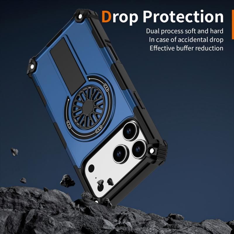 Armor Heavy Duty Magnetic Rotating Ring Kickstand Phone Case For iPhone 16 Plus, Anti-Drop Protective Cover In Blue