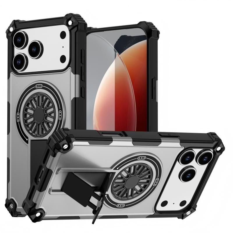 Armor Heavy Duty Magnetic Rotating Ring Kickstand Phone Case For iPhone 16 Pro , Anti-Drop Protective Cover In Silver