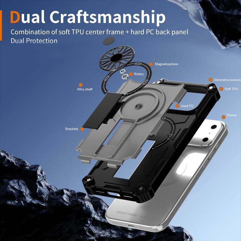 Armor Heavy Duty Magnetic Rotating Ring Kickstand Phone Case For iPhone 16, Anti-Drop Protective Cover In Silver