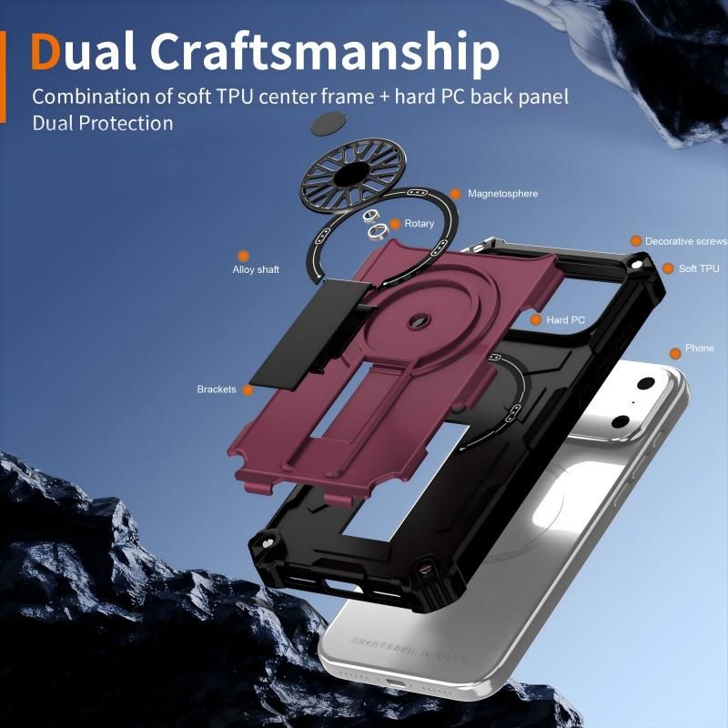 Armor Heavy Duty Magnetic Rotating Ring Kickstand Phone Case For iPhone 16 Pro Max, Anti-Drop Protective Cover In Purple