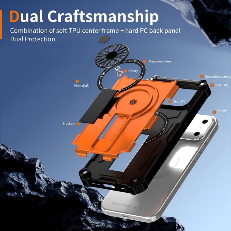 Armor Heavy Duty Magnetic Rotating Ring Kickstand Phone Case For iPhone 13 Pro Max, Anti-Drop Protective Cover In Orange